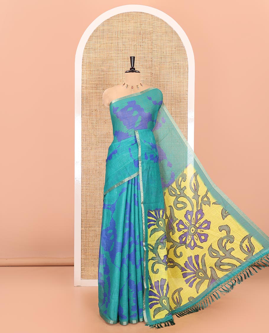 Bue shibori printed linen cotton saree, piping border, contrast floral printed pallu, and a contrast floral printed blouse
