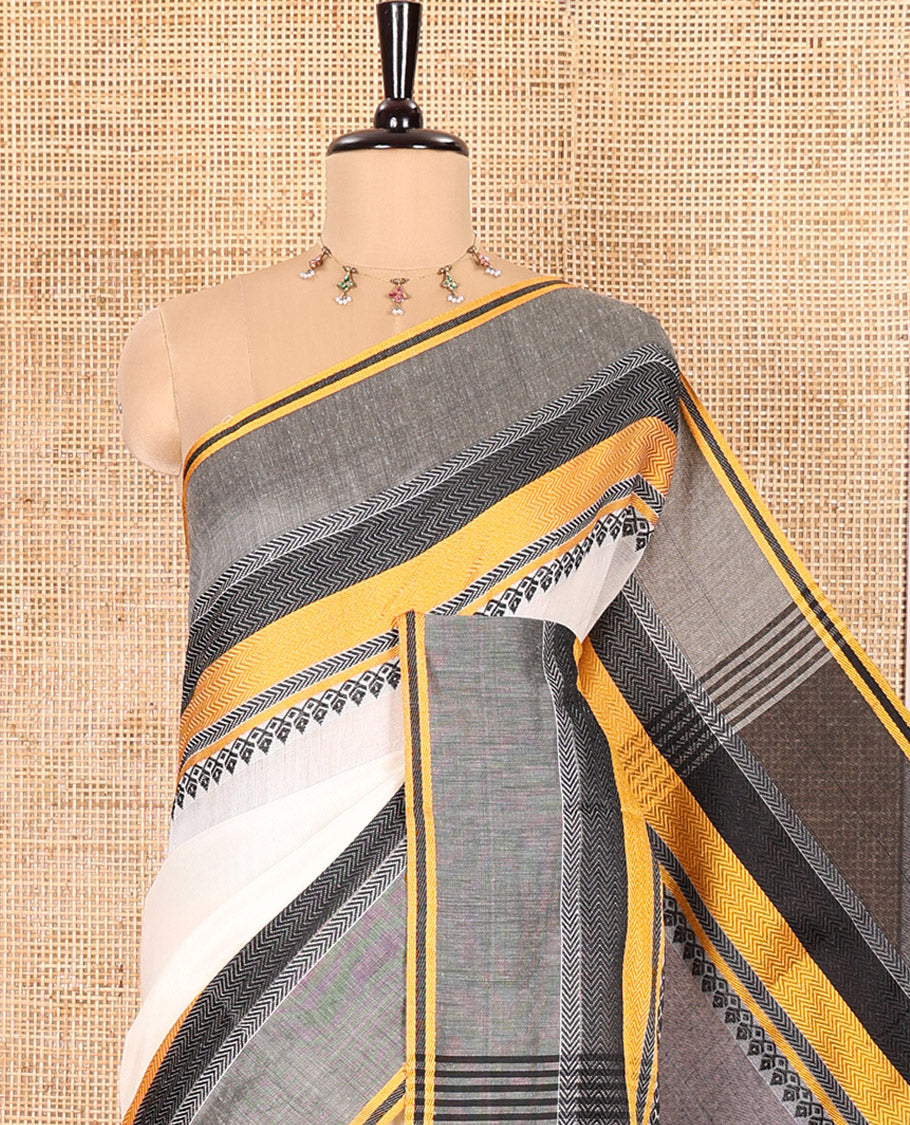 Cream-Black Plain Khadi Mul Cotton Saree, Complemented by a Contrast Thread-Woven Border of Geometric Patterns, Contrast Plain Pallu, and Paired with a Matching Blouse