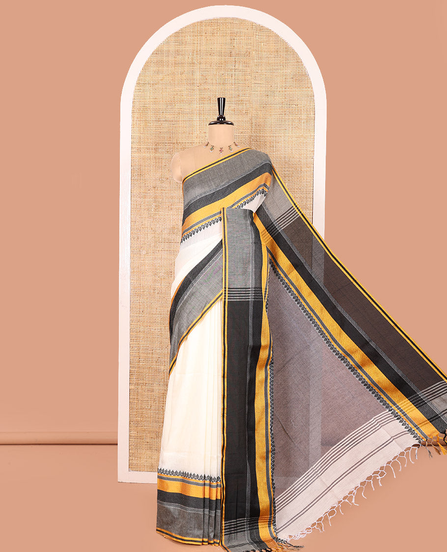 Cream-Black Plain Khadi Mul Cotton Saree, Complemented by a Contrast Thread-Woven Border of Geometric Patterns, Contrast Plain Pallu, and Paired with a Matching Blouse