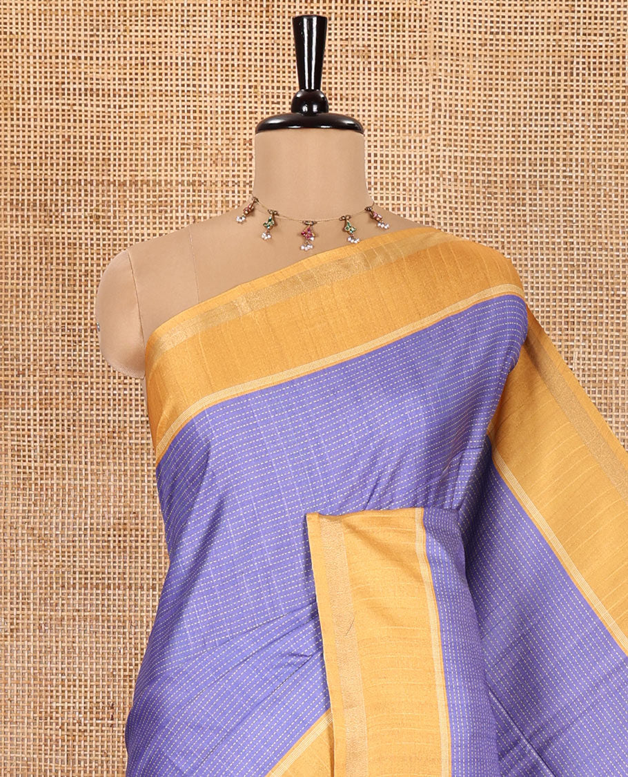 Violet Kanta Silk Saree, Delicately Woven with Dotted Kantha-Stitch Embroidery All Over Its Body, Complemented by a Contrast Border, Kantha-Stitch Embroidered Pallu, and Paired with a Contrast Blouse