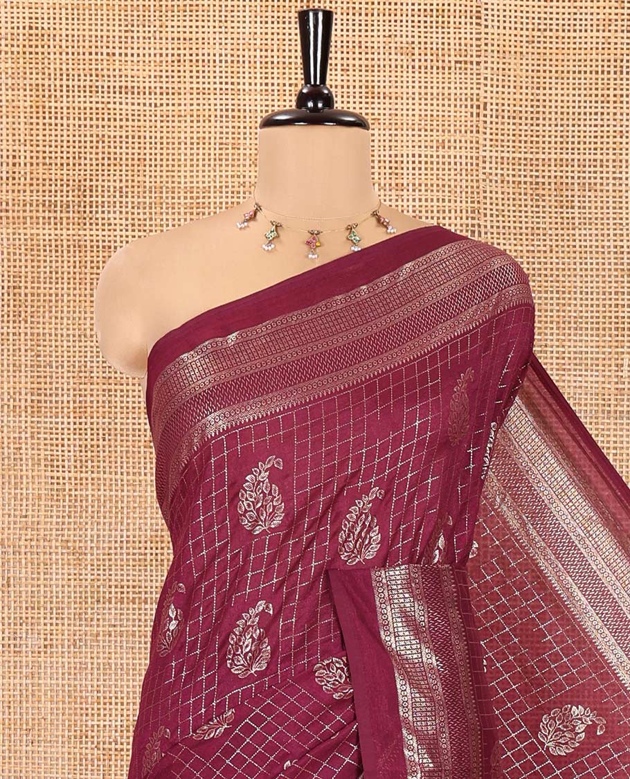 Purple Vichitra Silk Saree Features Checks and Paisley Buttas, Highlighted by a Traditional Zari Border and Contrast Embroidered Blouse