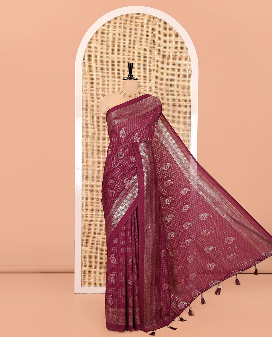 Purple Vichitra Silk Saree Features Checks and Paisley Buttas, Highlighted by a Traditional Zari Border and Contrast Embroidered Blouse