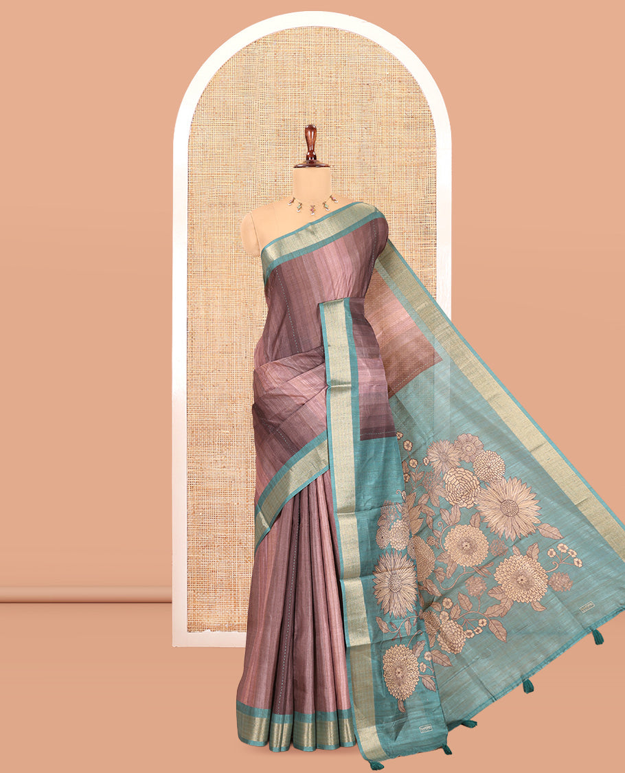 Dusky Lavender Striped Art Tussar Saree, a Contrast Zari Border, Floral Printed Pallu, and a Contrast Blouse