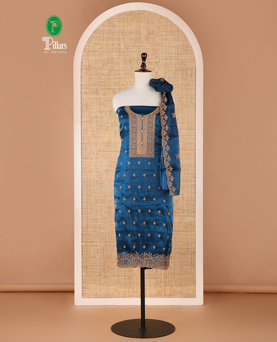 Blue chudidar material set, floral design thread embroidered Burberry top, floral-themed embroidered Burberry dupatta & plain Santoon bottom