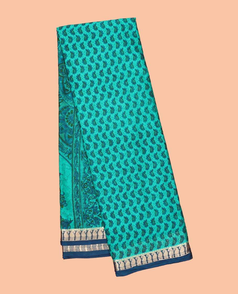 Blue micro-motifs printed semi-banaras printed saree, contrast paisley border & intricate pallu