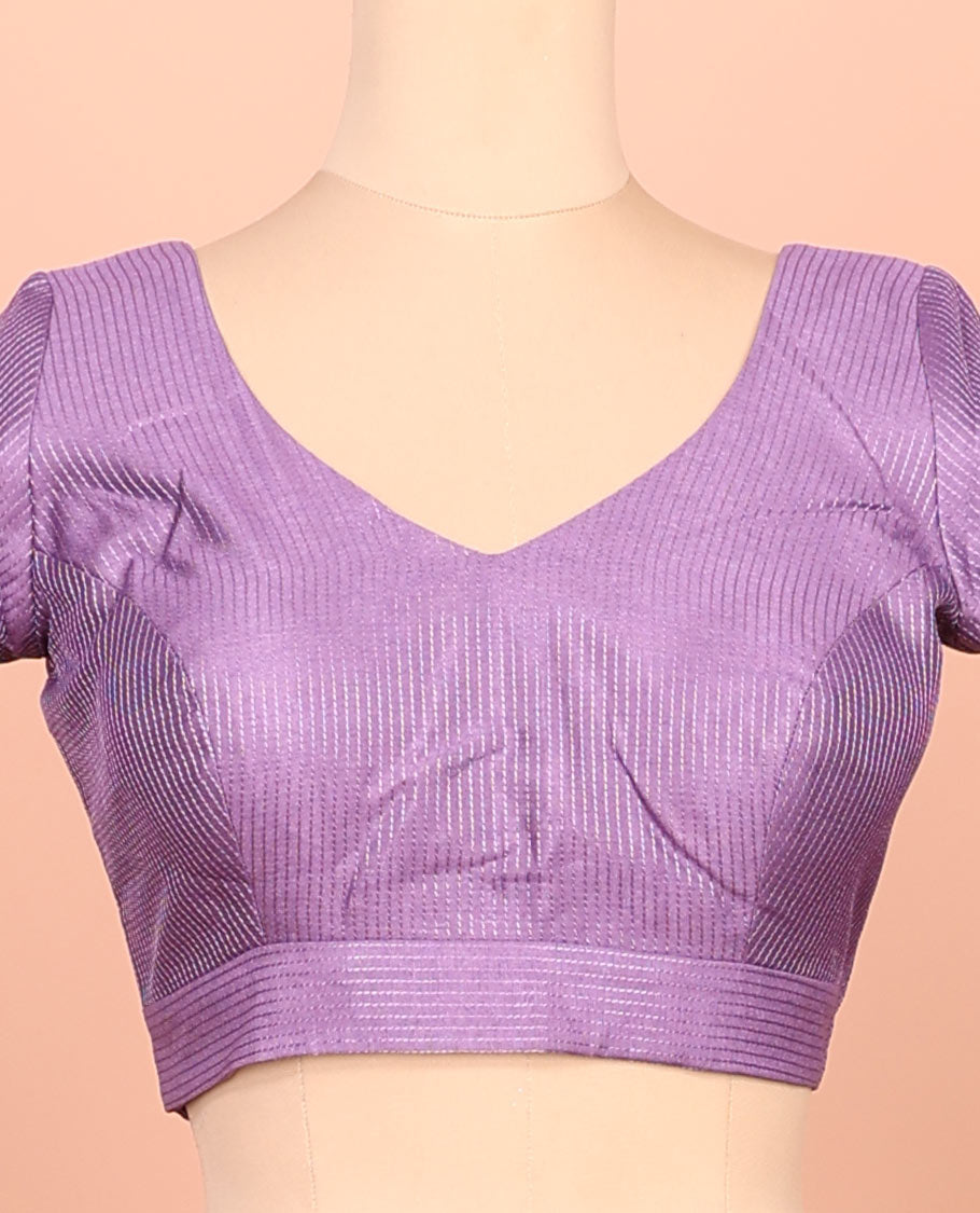 Purple thread work front-back leaf-neck elbow sleeve readymade blouse
