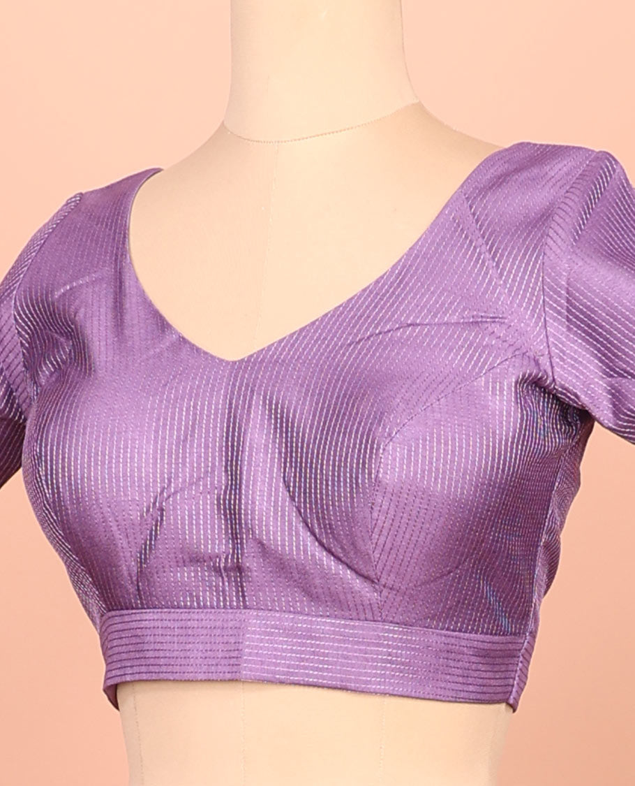 Purple thread work front-back leaf-neck elbow sleeve readymade blouse