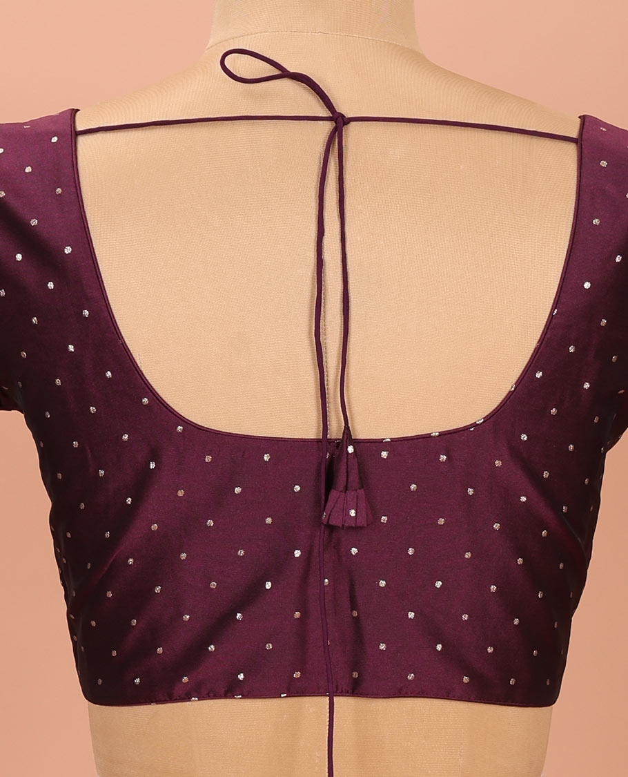 Purple Readymade Blouse Steeped with Buttas, Featuring Front Round Neck, Back Round Neck, and Elbow Sleeves