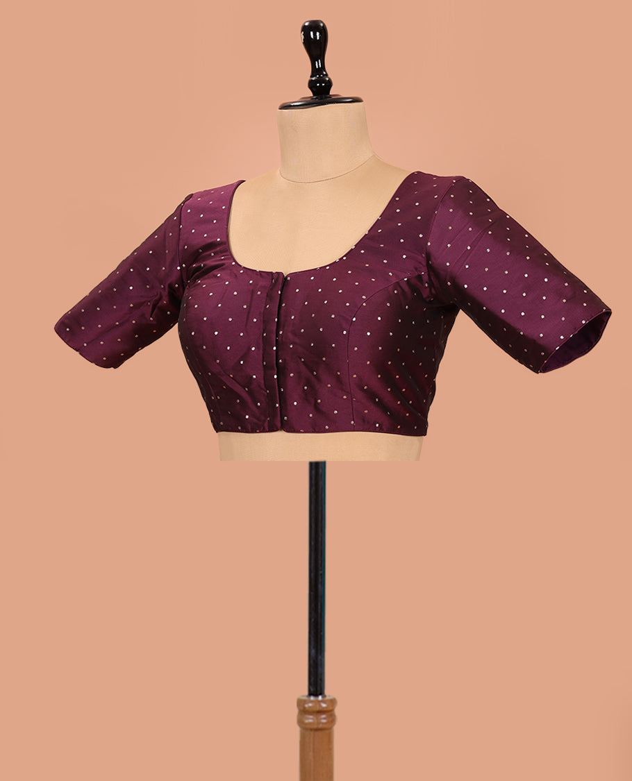 Purple Readymade Blouse Steeped with Buttas, Featuring Front Round Neck, Back Round Neck, and Elbow Sleeves
