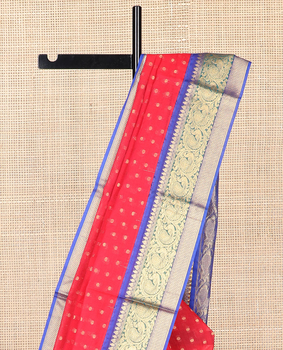 Red floral motifs silk cotton saree with contrast zari design border & floral design pallu