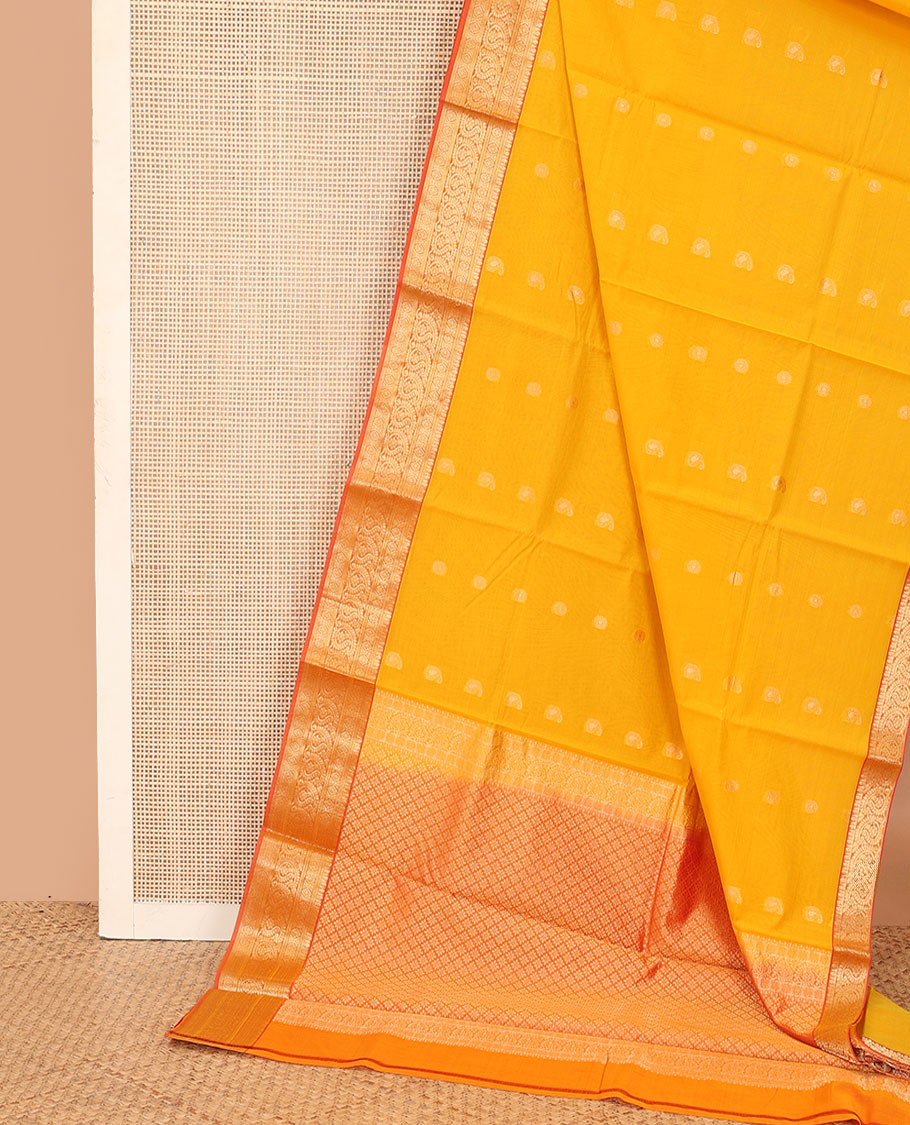 Orange zari buttas silk cotton saree, contrast traditional zari border, and jaal pallu