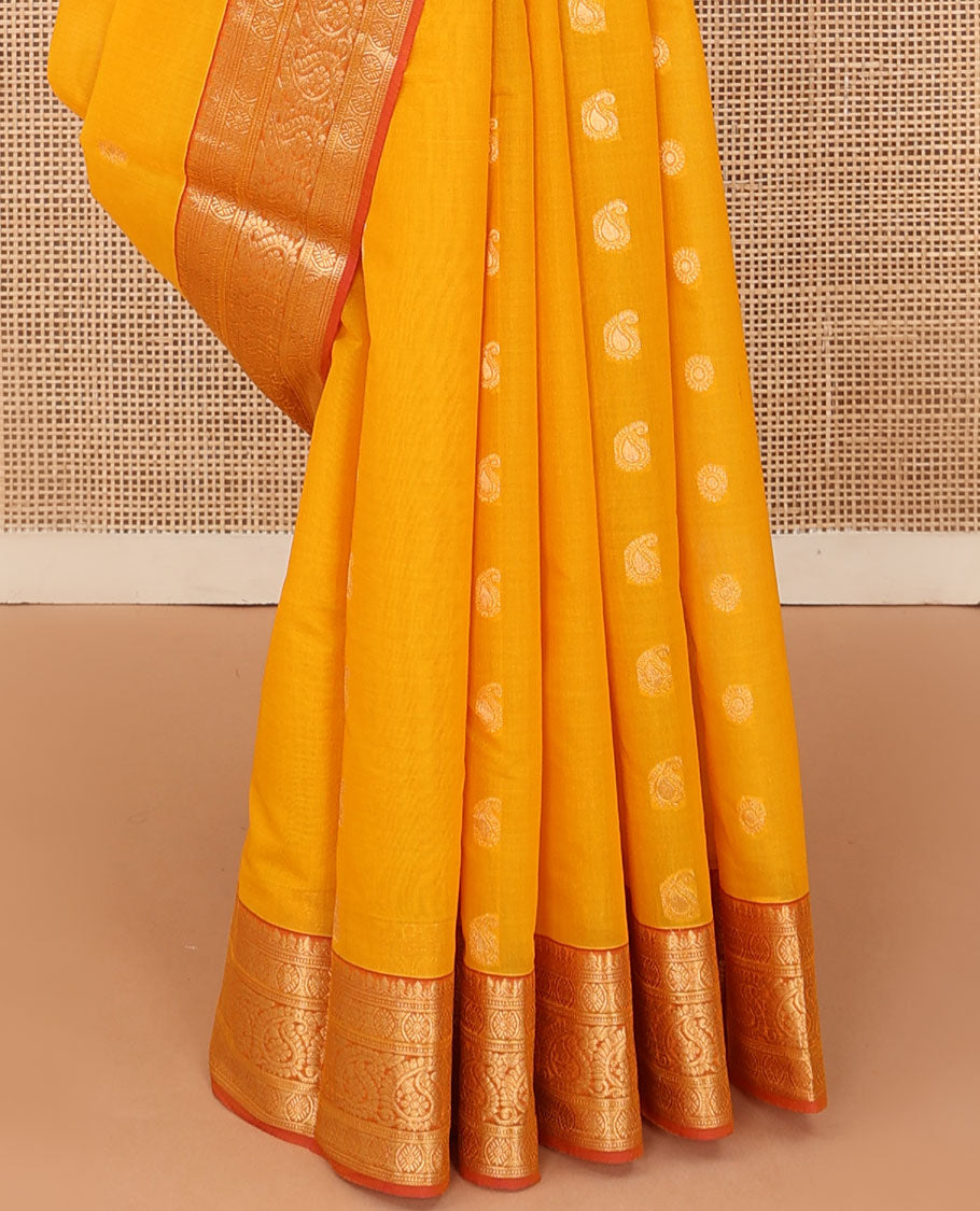 Orange zari buttas silk cotton saree, contrast traditional zari border, and jaal pallu