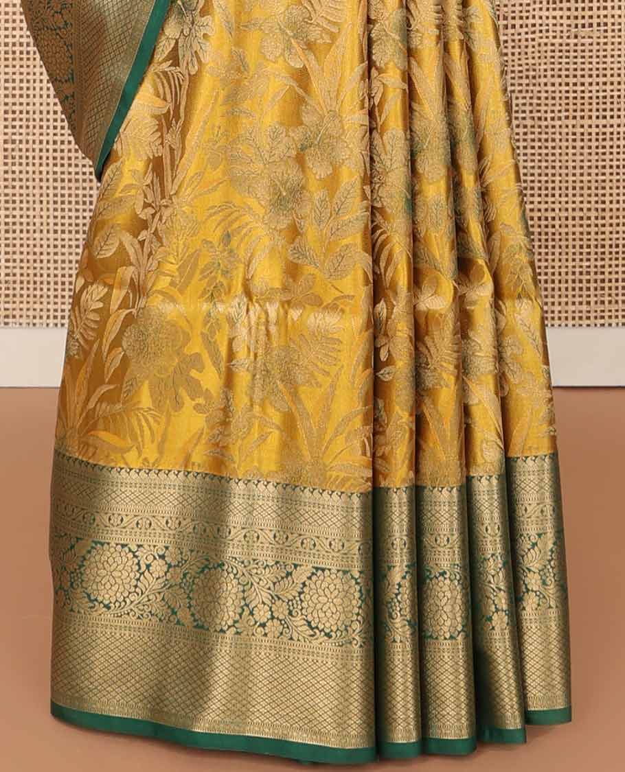Mustard floral jacquard soft silk saree with contrast zari design border & argyle design pallu