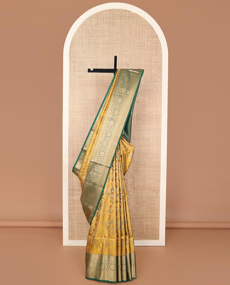 Mustard floral jacquard soft silk saree with contrast zari design border & argyle design pallu