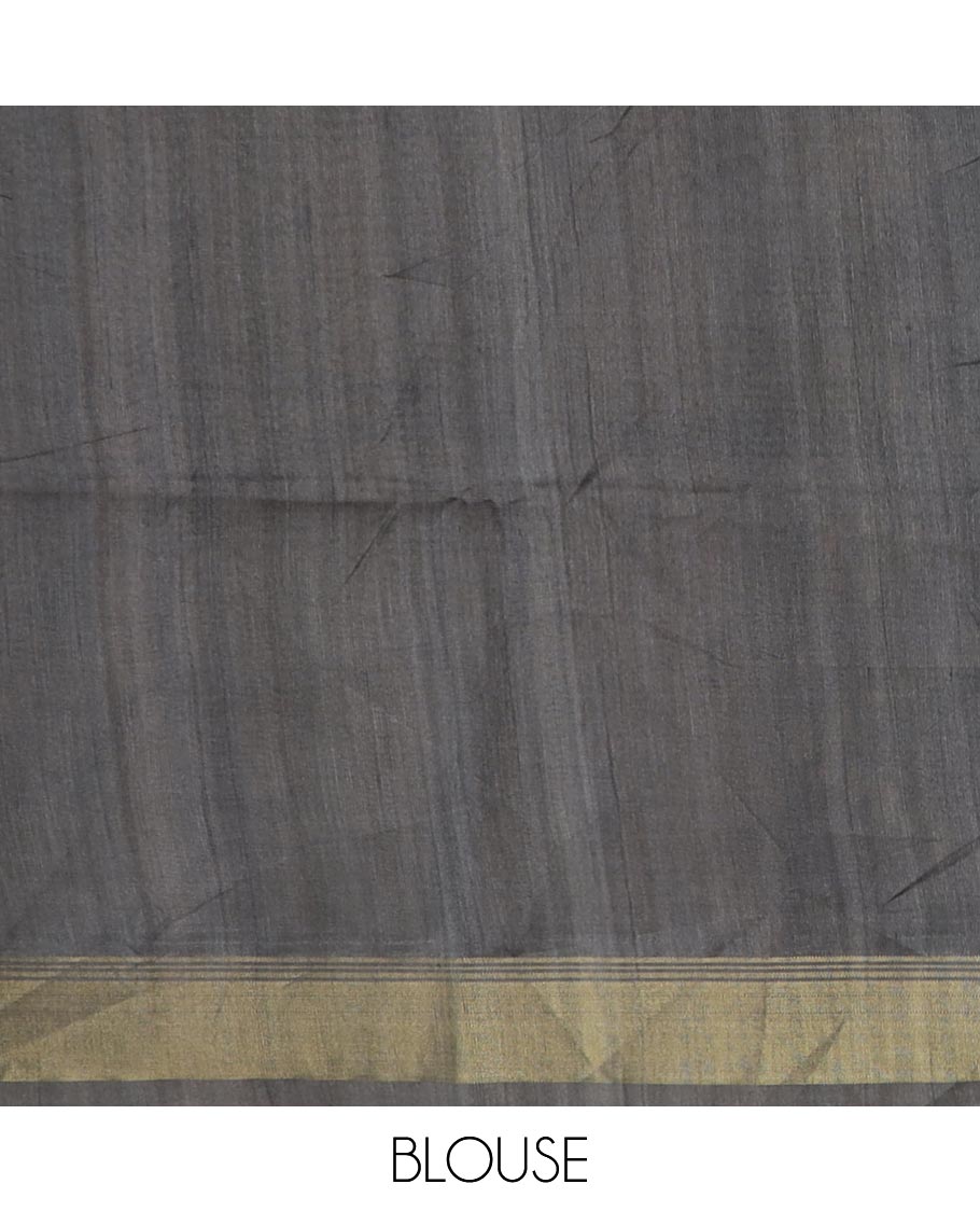 Brown plain tussar silk saree, contrast zari border, and pallu printed with ancient purana-inspired motifs