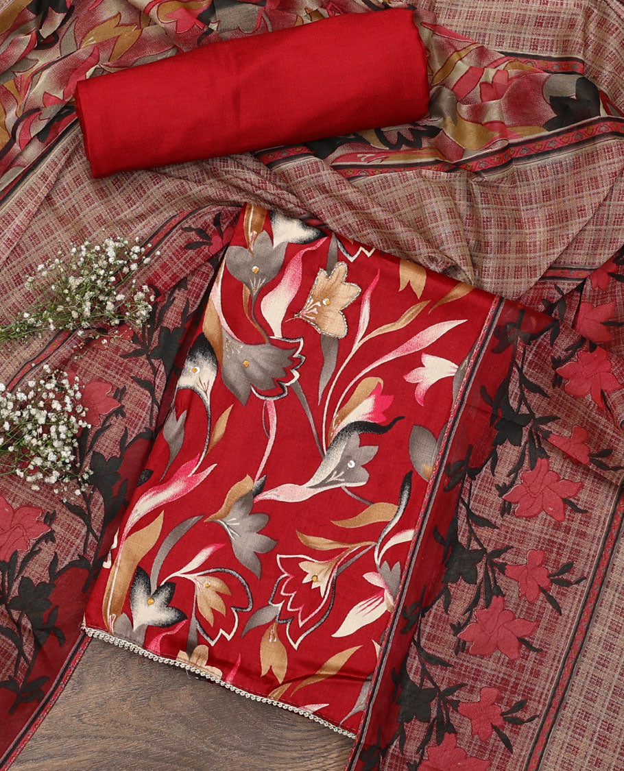 Red material chudidar set, abstract floral print with French knot work top, plain bottom, and dupatta of checks and floral print