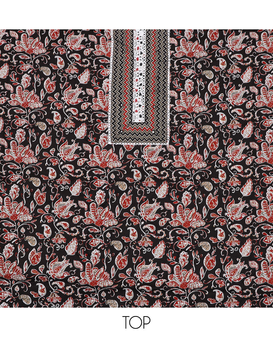 Black material chudidar set, floral vine print with neck embroidery top, chevron printed bottom, and chevron printed dupatta