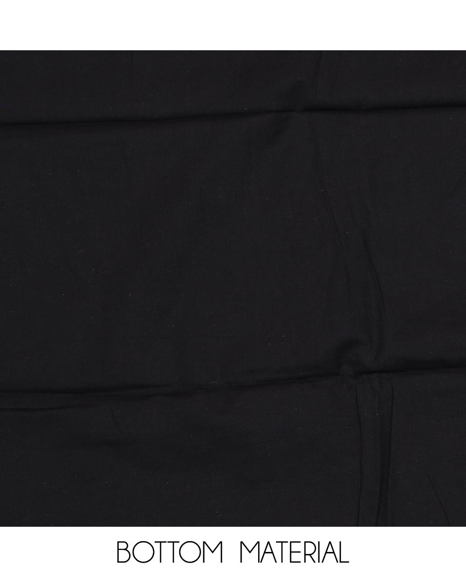 Black material chudidar set, neck embroidered top, plain bottom and floral and geometric printed dupatta