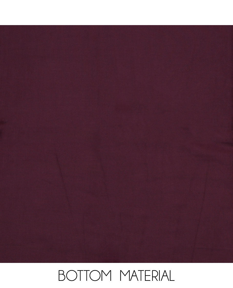 Maroon material chudidar set, floral print with neck embroidered top, plain bottom and printed duppata of flower buttas