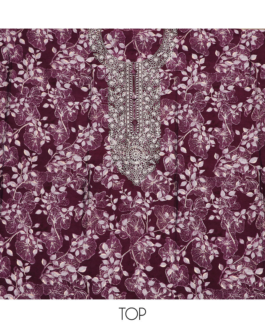 Maroon material chudidar set, floral print with neck embroidered top, plain bottom and printed duppata of flower buttas