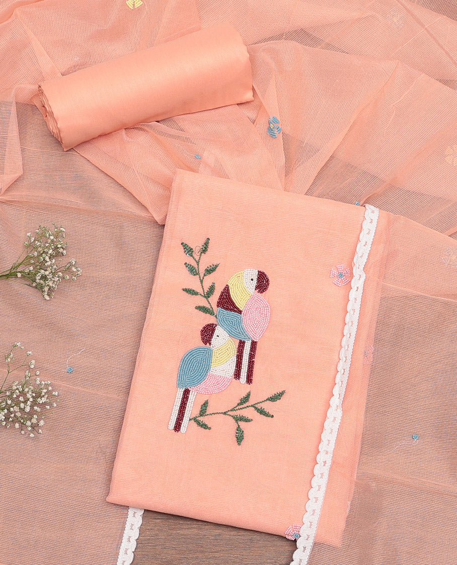 Orange Cotton Material Churidar Set, Masterfully Woven with Macaw Bird Sugar Bead-Embroidered Top, Matching Bottom, and Sugar Bead-Embroidered Kota Dupatta
