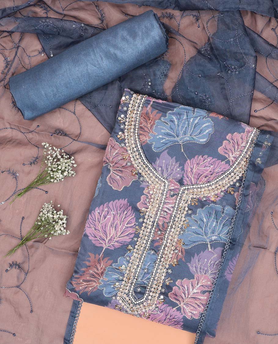 Blue chudidhar material set floral embroidered top, plain bottom & floral design with sequins embroidery dupatta