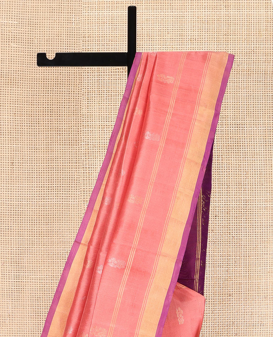 Peach Uppada Silk Saree, Enthralled with Zari Buttas on Its Body, Subtly Sparkled Zari Border, Complemented by a Contrast Pallu Depicting Intricate Design Weave, and Paired with a Contrast Blouse