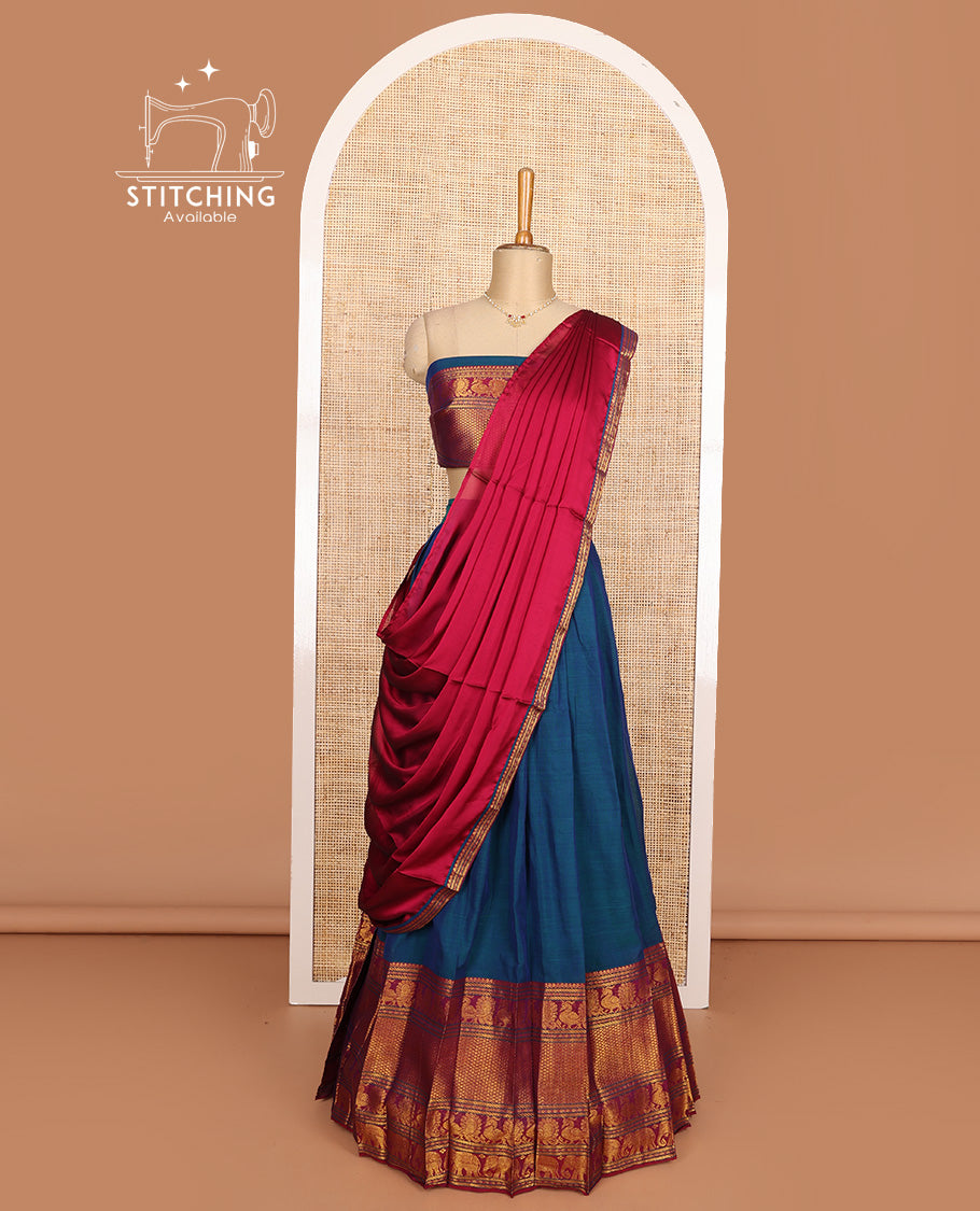 Blue cotton half-saree, plain with contrast traditional zari big bordered skirt, matching blouse, and contrast zari border dhavani
