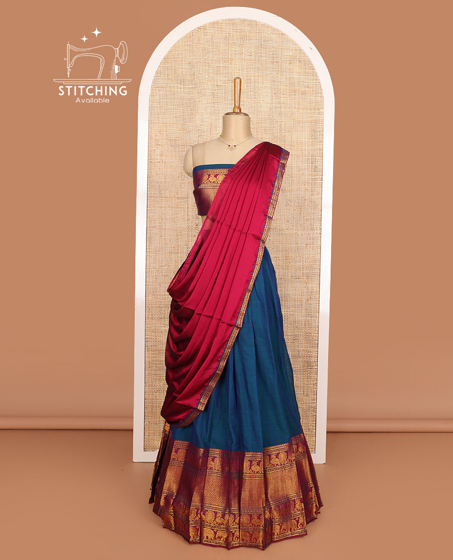 Blue cotton half-saree, plain with contrast traditional zari big bordered skirt, matching blouse, and contrast zari border dhavani