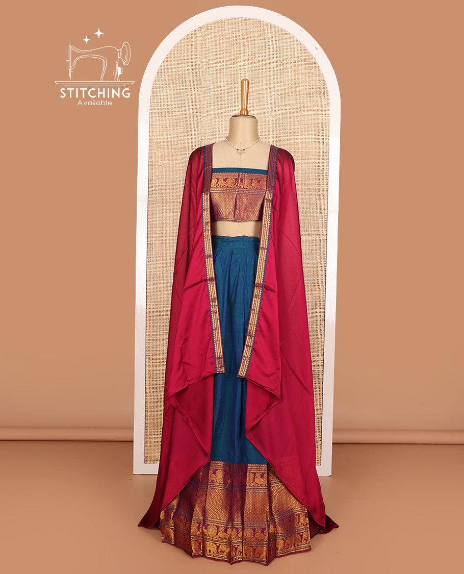 Blue cotton half-saree, plain with contrast traditional zari big bordered skirt, matching blouse, and contrast zari border dhavani