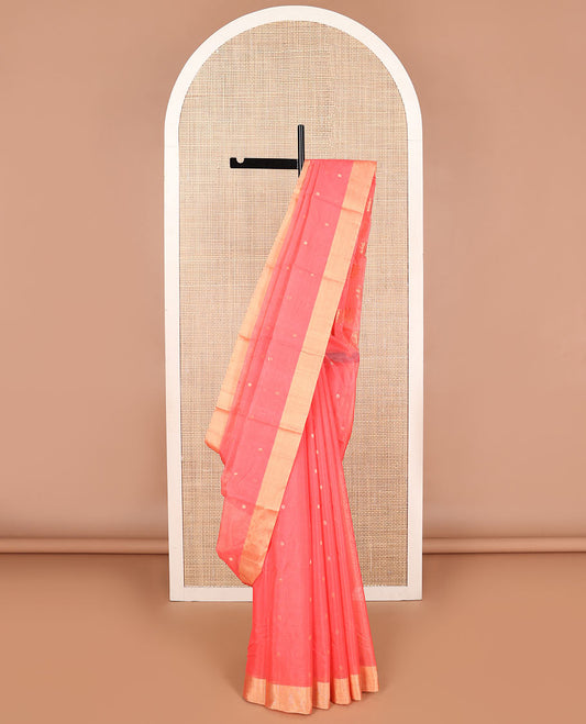 Peach floral motifs chanderi cotton saree with contrast zari border & striped pallu