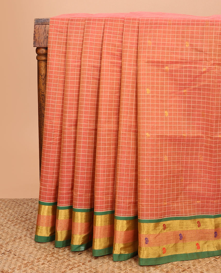 Orange zari checked and buttas Venkatagiri cotton saree, contrast zari and thread border, and striped pallu