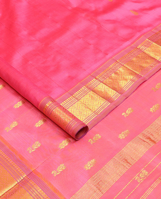 Pink zari buttas Kanchipuram silksaree, one-sided border of panner sombu,muthu,banaras & jaal & zari design pallu