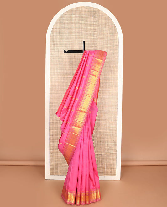 Pink zari buttas Kanchipuram silksaree, one-sided border of panner sombu,muthu,banaras & jaal & zari design pallu