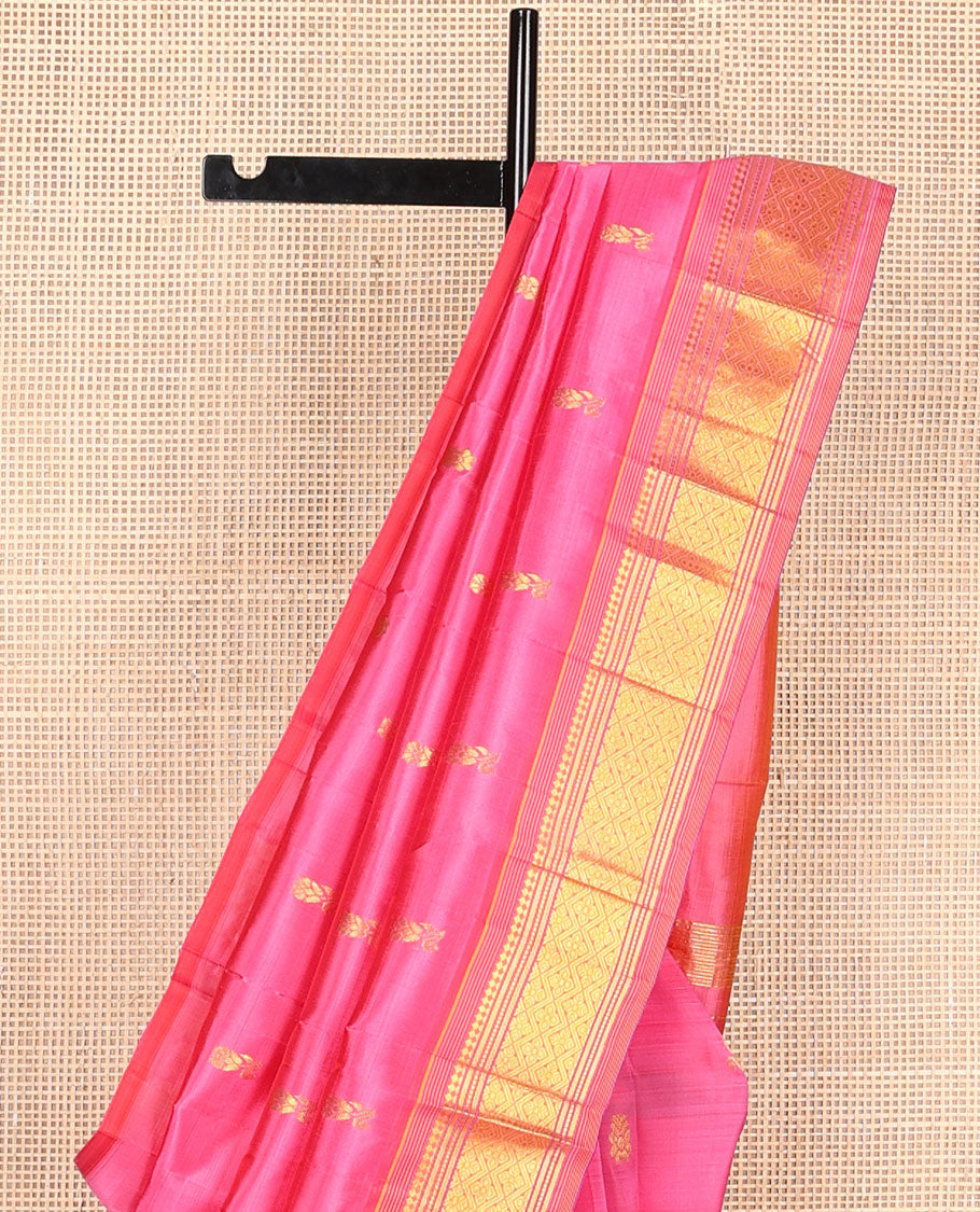 Pink zari buttas Kanchipuram silksaree, one-sided border of panner sombu,muthu,banaras & jaal & zari design pallu
