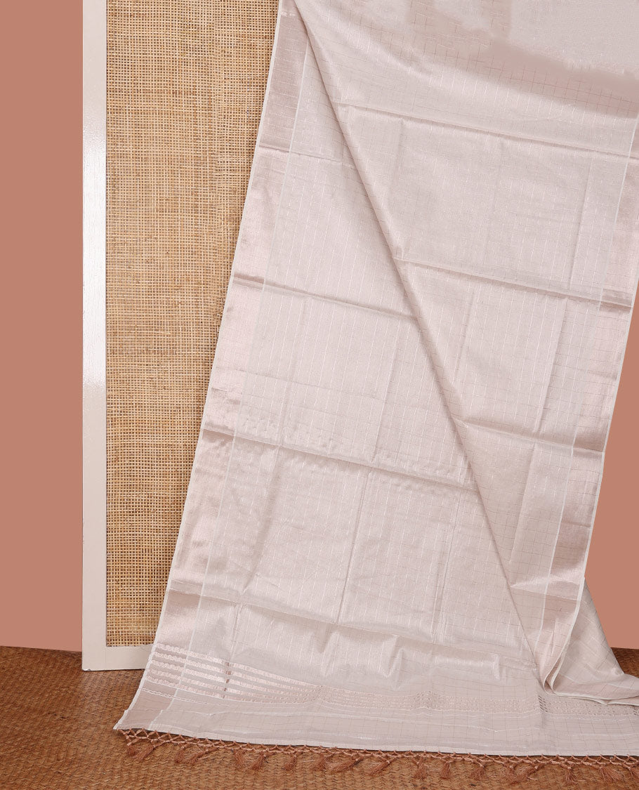 Rose Gold Kerala Cotton Saree Woven with Zari Checks All Over Its Body, Zari Bavanji Border, Gleaming Zari Striped Pallu, and Paired with a Matching Blouse