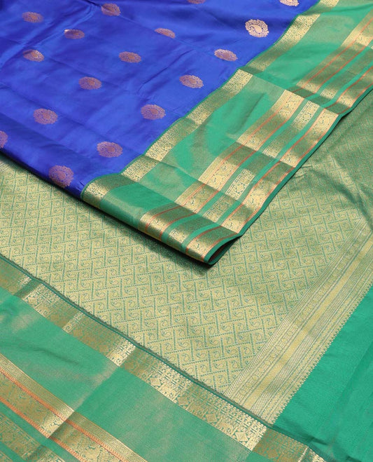 Blue zari buttas Vasundhara silk mix saree, contrast rettai pettu traditional zari design border & jaal pallu