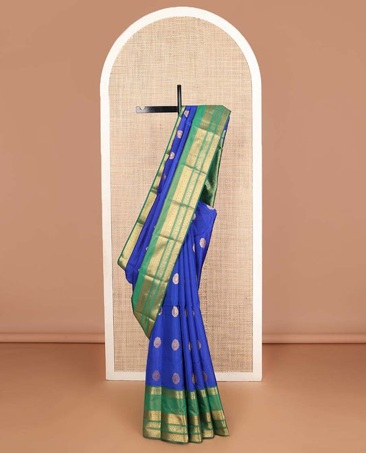 Blue zari buttas Vasundhara silk mix saree, contrast rettai pettu traditional zari design border & jaal pallu