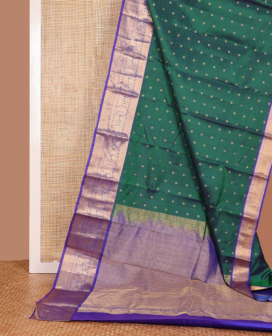 Green zari buttas Vasundhara silk mix saree, contrast traditional zari design border, and ogee patterned pallu