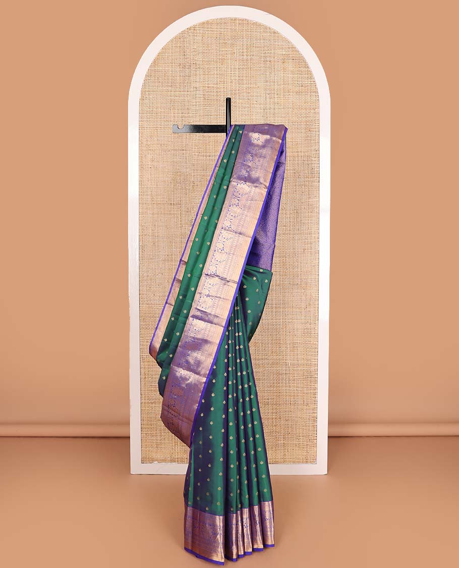 Green zari buttas Vasundhara silk mix saree, contrast traditional zari design border, and ogee patterned pallu