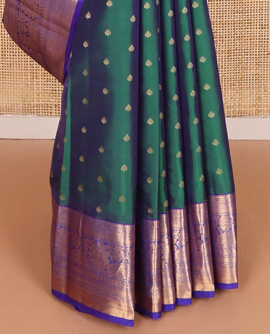 Green zari buttas Vasundhara silk mix saree, contrast traditional zari design border, and ogee patterned pallu