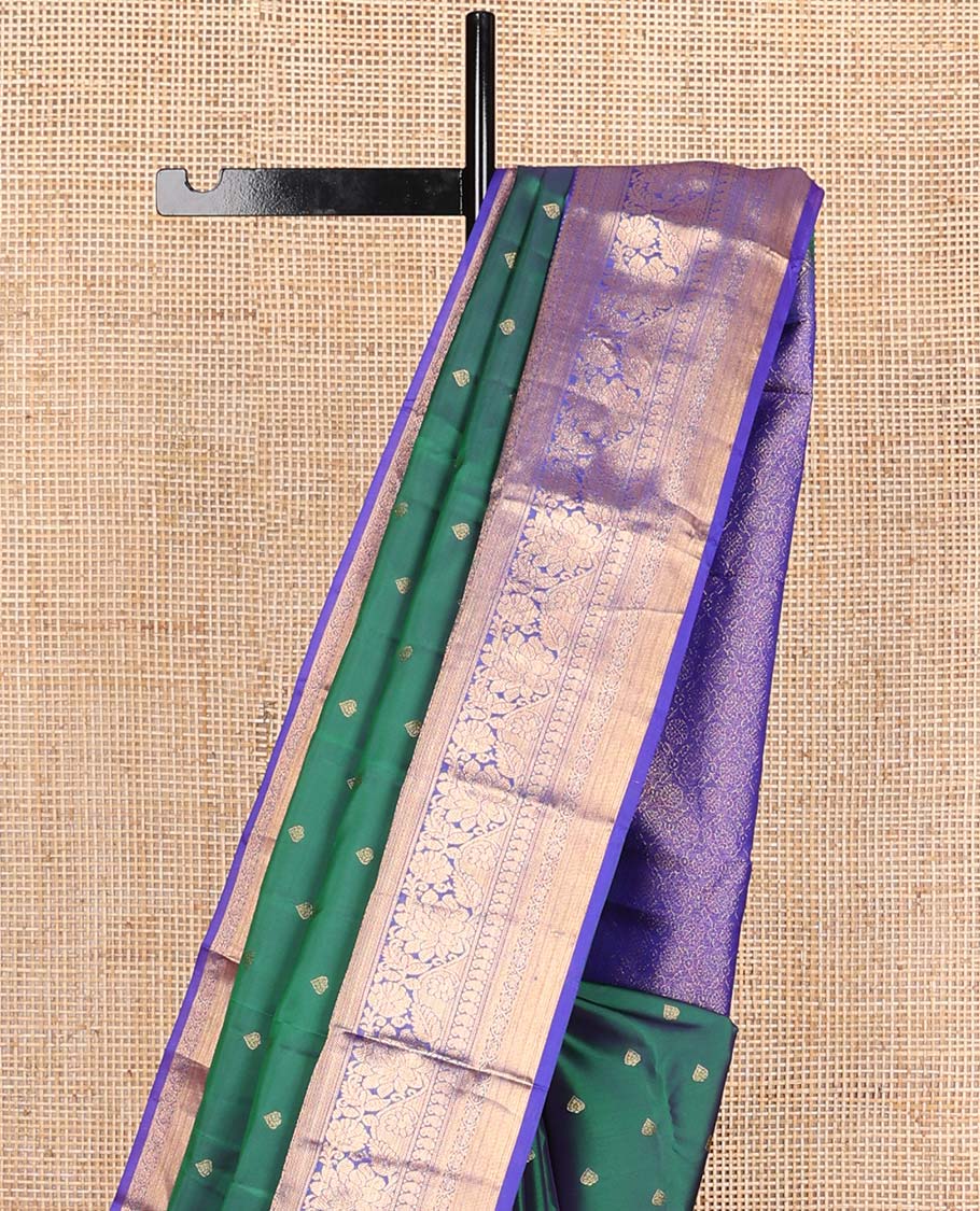 Green zari buttas Vasundhara silk mix saree, contrast traditional zari design border, and ogee patterned pallu