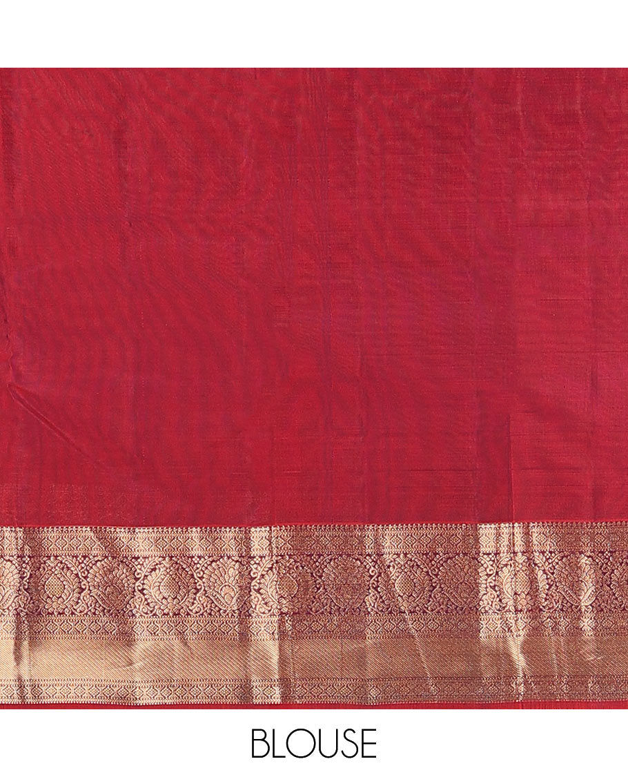 Green zari buttas Vasundhara silk mix saree, contrast border of thilakam, laddu kamalam, muthu, and kathir designs, and pallu of floral designs