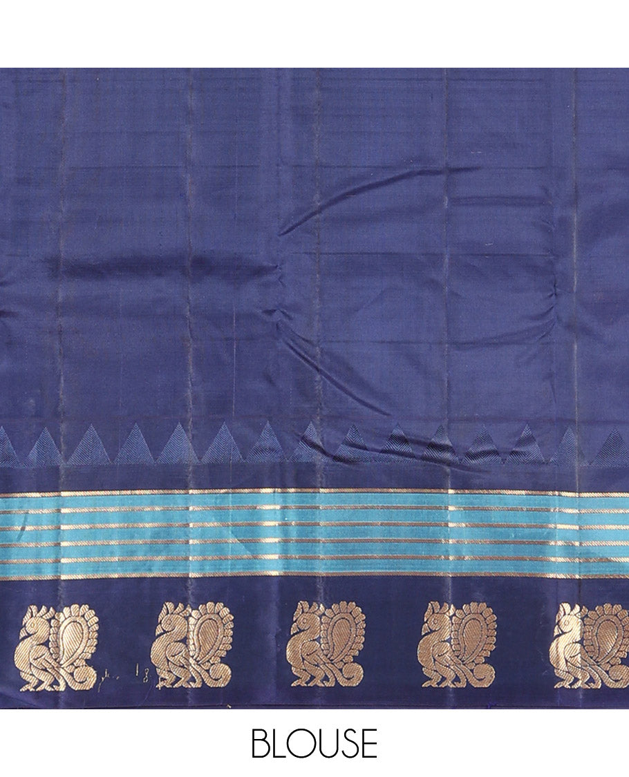 Blue Vasundhara Silk Saree, Mesmerized with Zari Butta Enclosed Checked Design on Its Body, Highlighted by a Contrast Border of Thazampoo Rekku, Banaras, and Mayil Designs, Scintillating Pallu of Jaal Design, and Paired with a Contrast Blouse