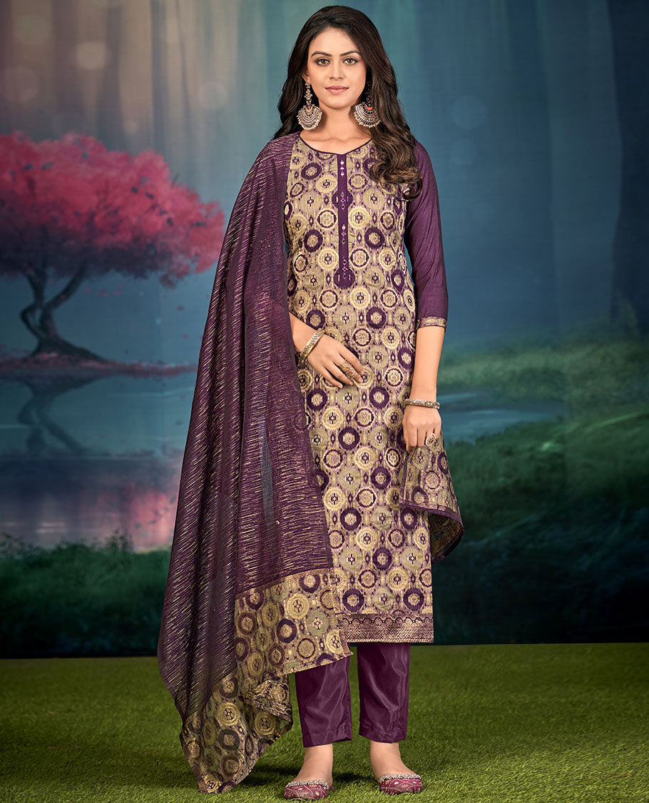 Violet churidar material set, round motifs, and mirror embroidered top, plain bottom, and geometric patterned dupatta