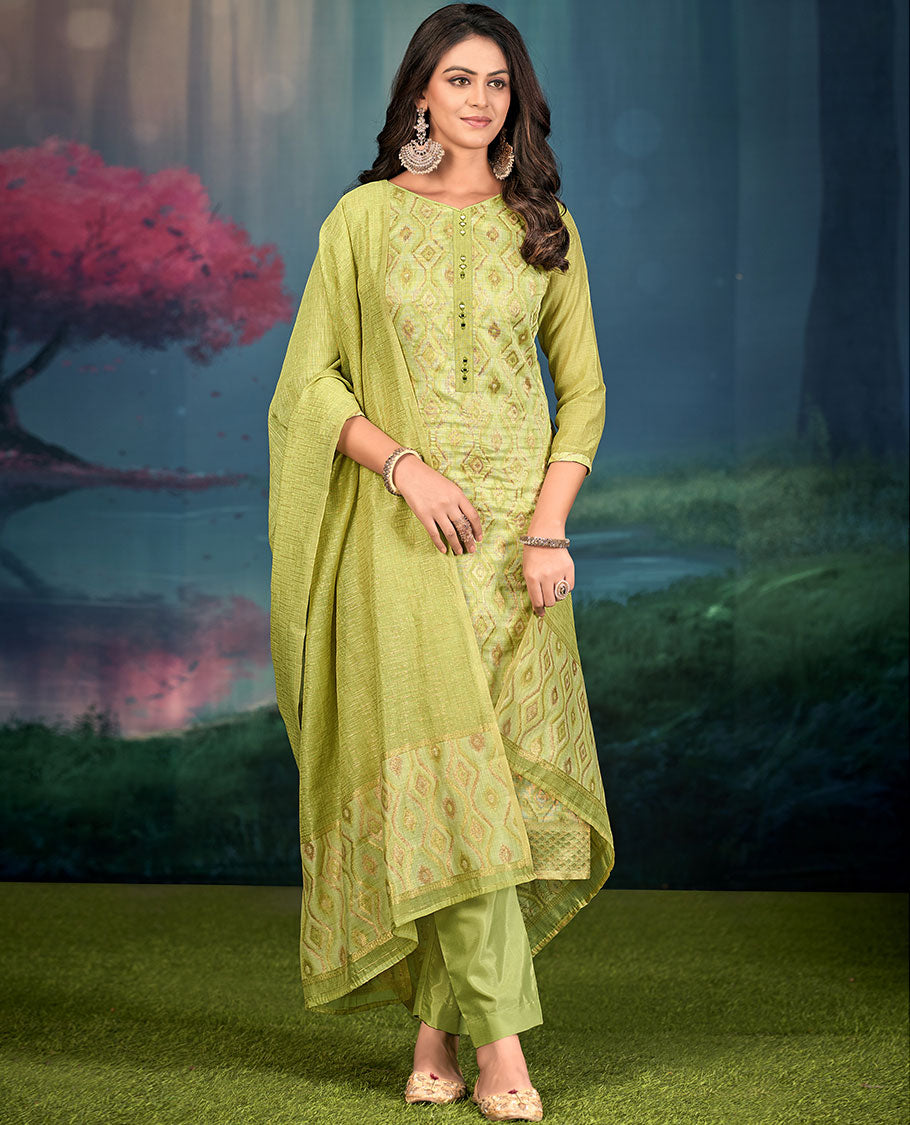 Light green churidar material set, diamond patterned and mirror embroidered top, plain bottom, and geometric patterned dupatta