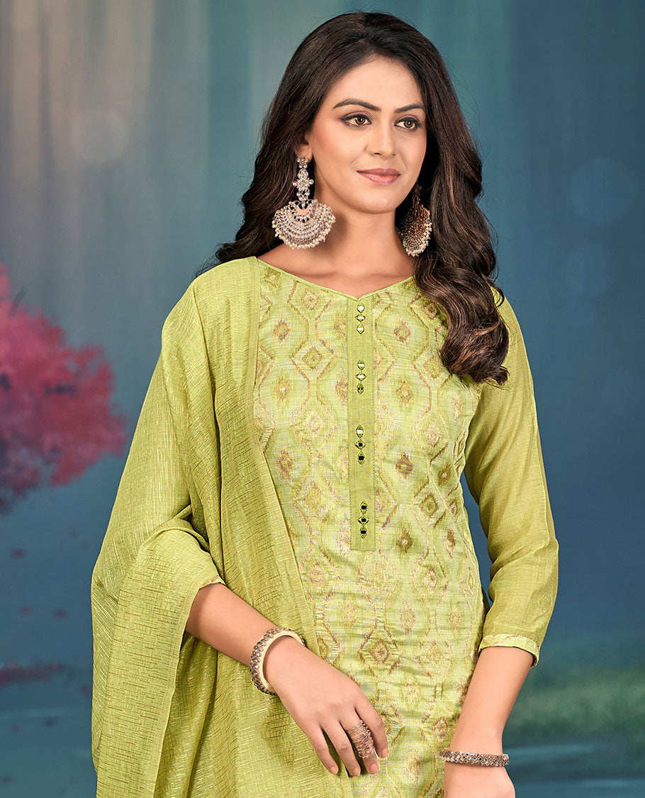 Light green churidar material set, diamond patterned and mirror embroidered top, plain bottom, and geometric patterned dupatta