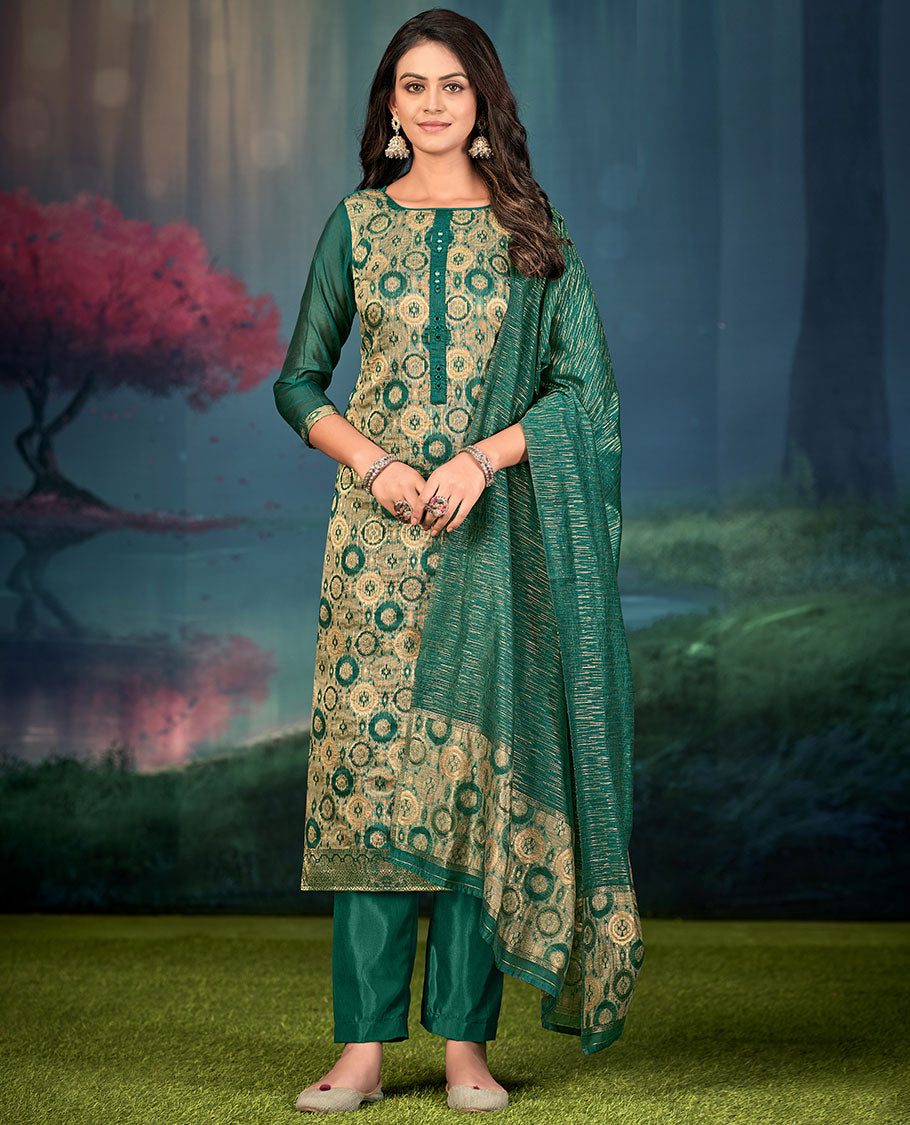 Green churidar material set, round motifs, and mirror embroidered top, plain bottom, and geometric patterned dupatta