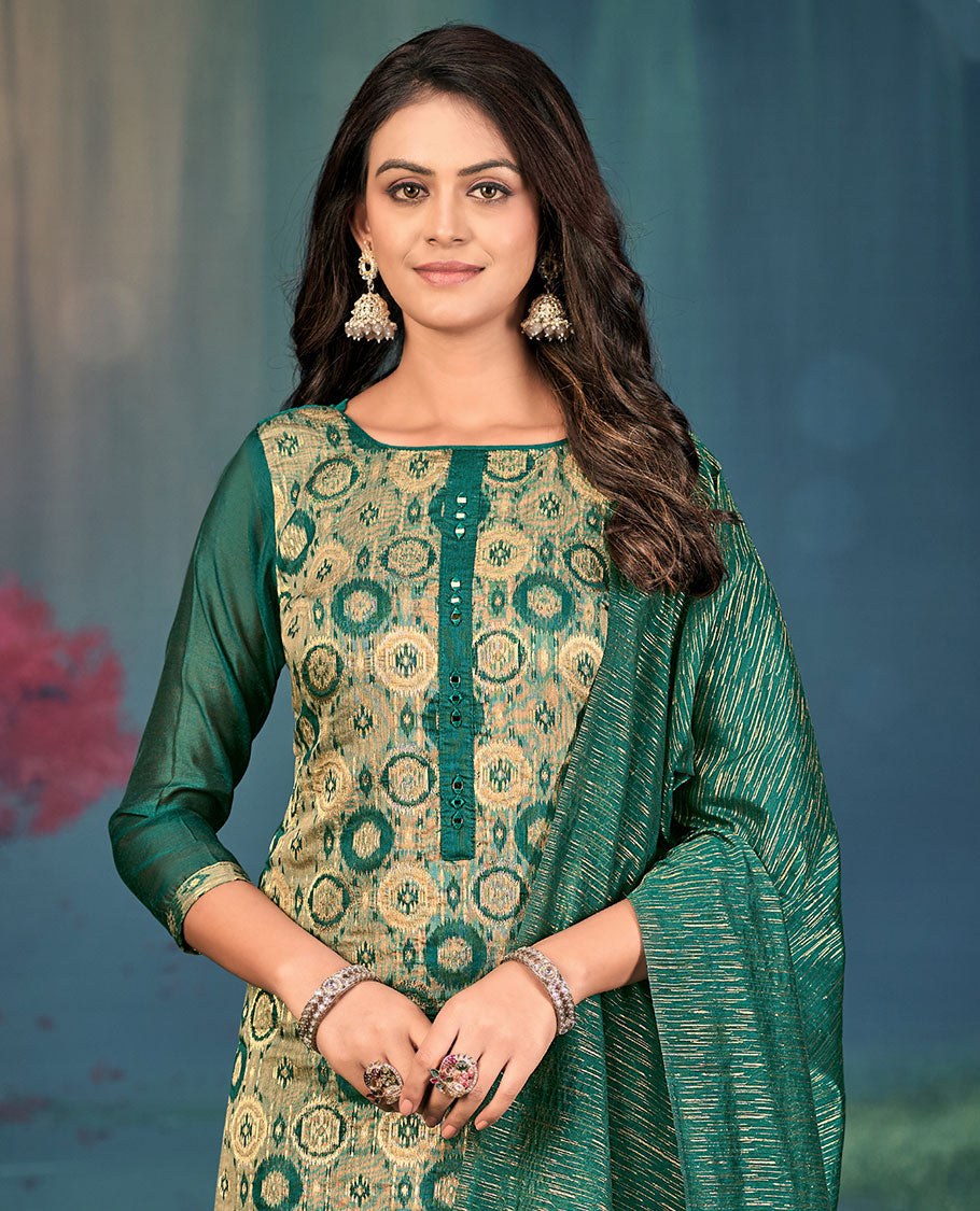 Green churidar material set, round motifs, and mirror embroidered top, plain bottom, and geometric patterned dupatta