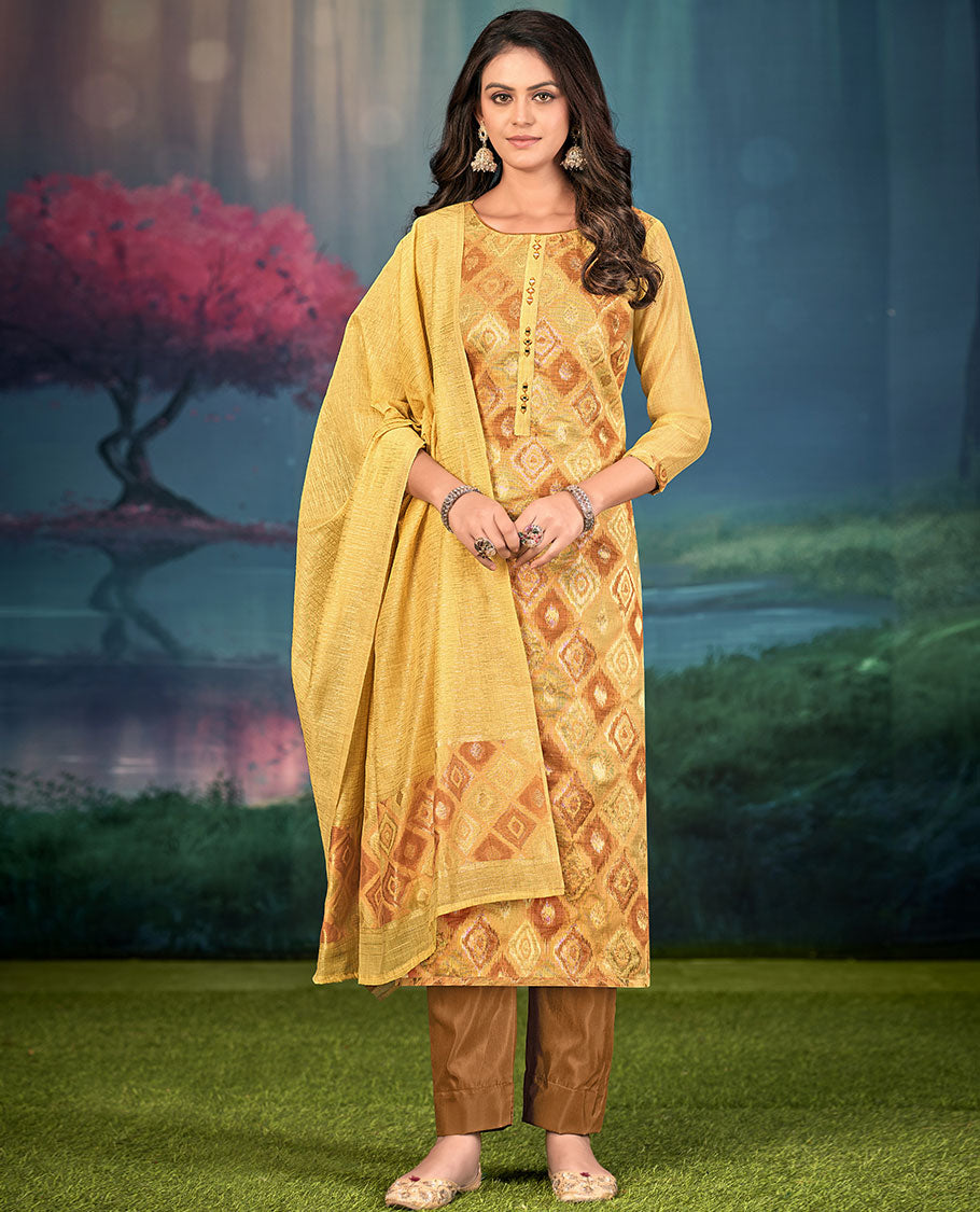 Yellow churidar material set, diamond patterned and mirror embroidered top, contrast plain bottom, and geometric patterned dupatta